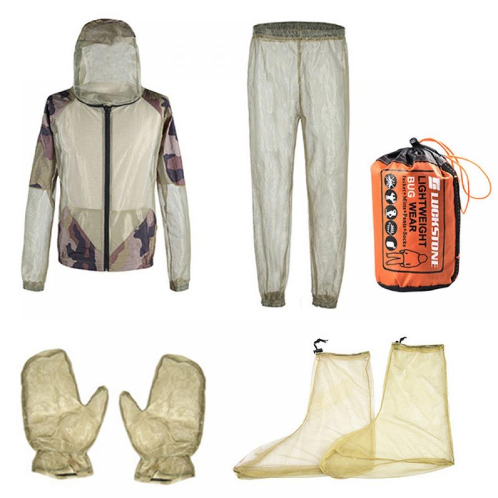Anti Mosquito Netting Suit with Zipper on Hood Ultra-fine Mesh Pants Mitt Socks with Free Carry Pouch for Protecting Hunting Fishing Men Women